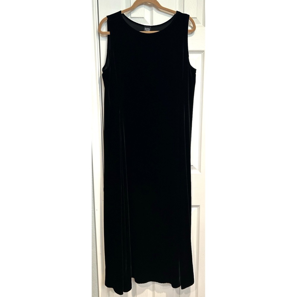 Eileen Fisher Black Velvet Maxi Sleeveless Dress Sz L Long Rayon Silk Washable